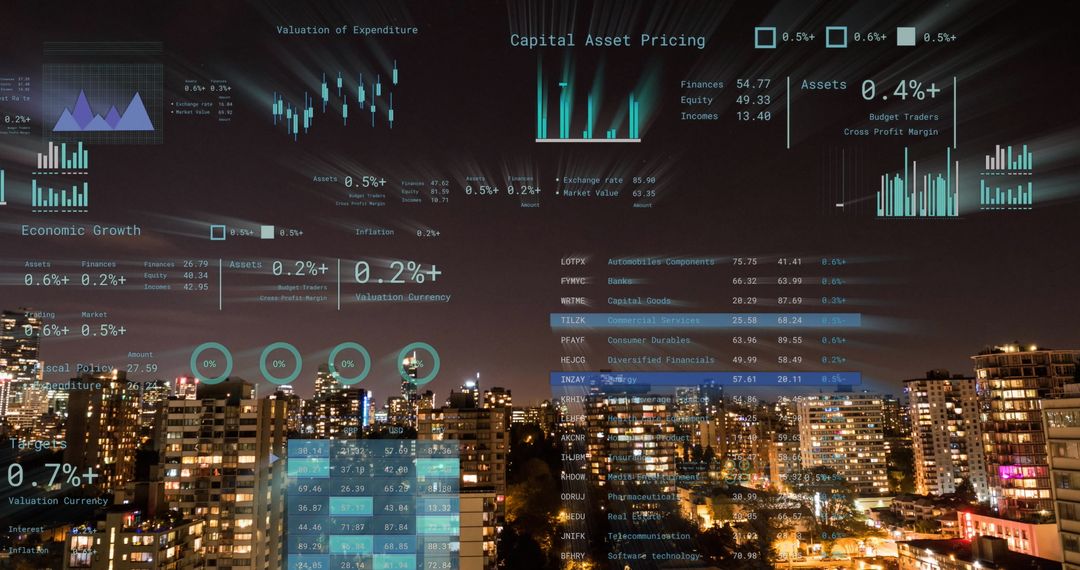 Digital Financial Data Displayed Over City Lights
