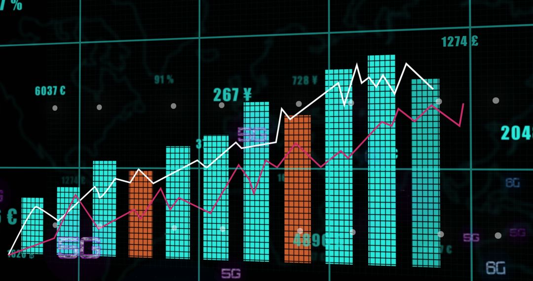 Digital Data Analytics Showing Bar Graph and Curves on Black Background