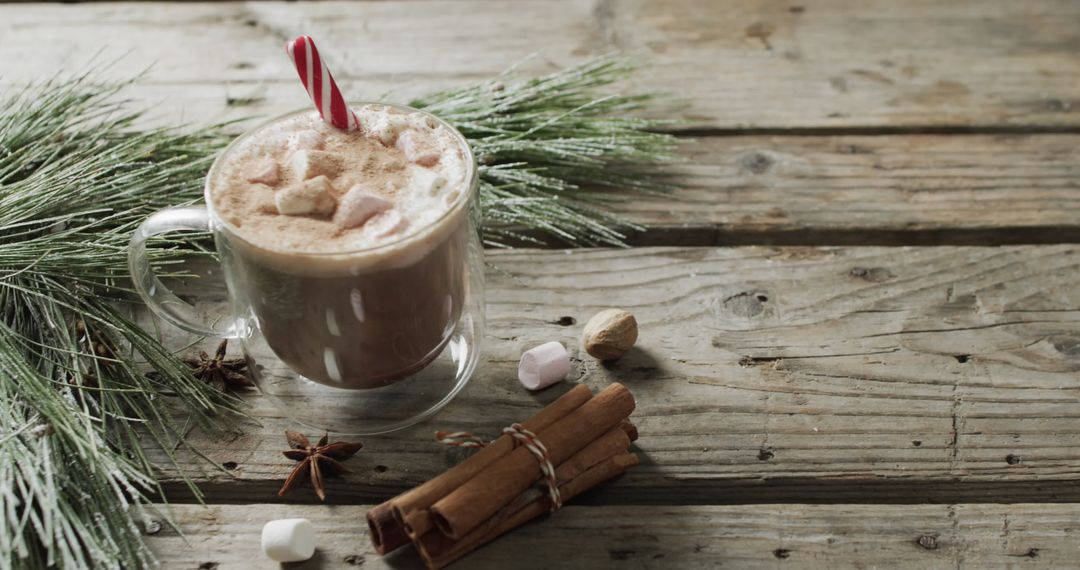 Festive Hot Chocolate with Spices and Pine on Rustic Table
