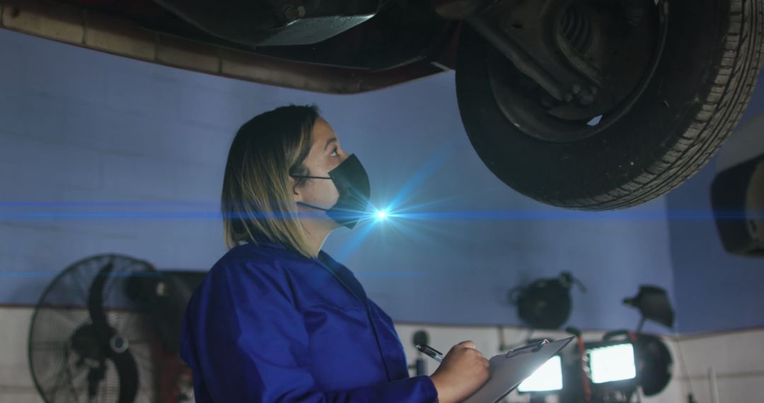 Automotive Mechanic Examining Vehicle Undercarriage in Workshop