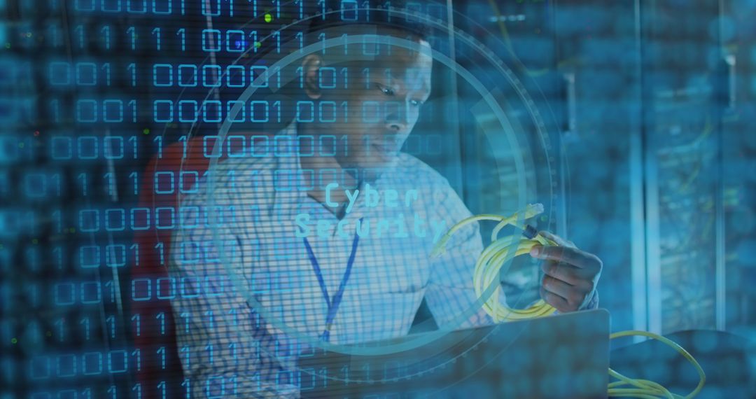 IT Professional Analyzing Server with Cyber Security Overlay