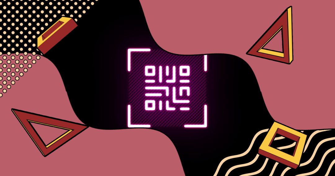 Glowing QR Code Surrounded by Neon Geometric Shapes
