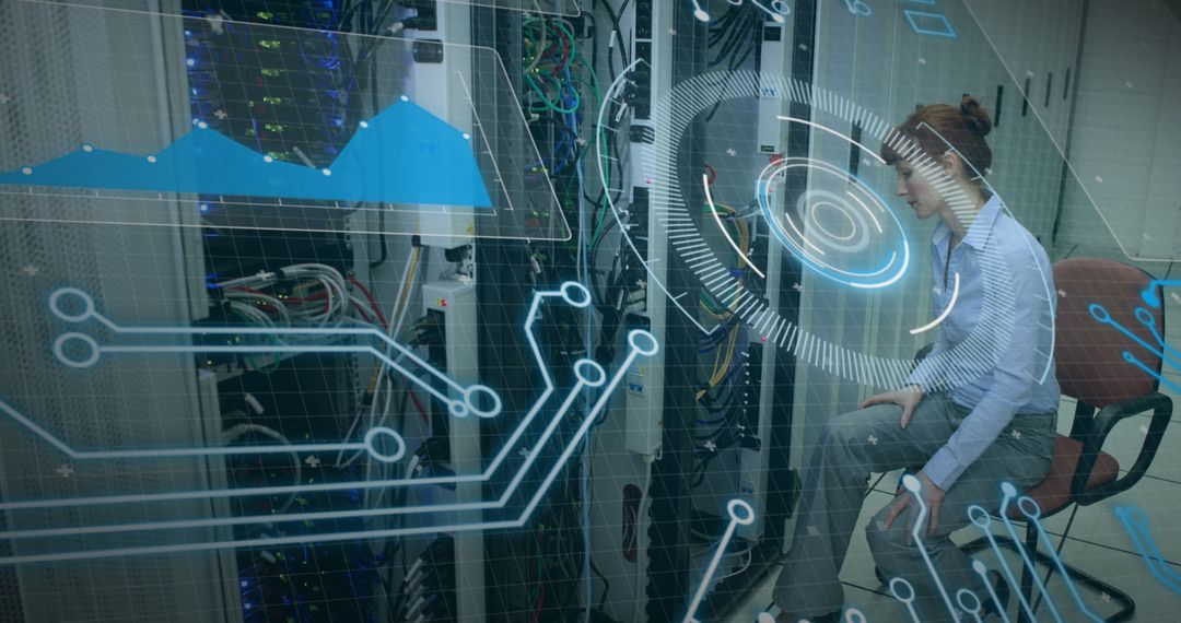 Female Engineer Analyzing Technology in Network Server Room