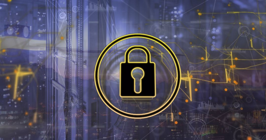 Cybersecurity Concept with Glowing Padlock Over Digital Network