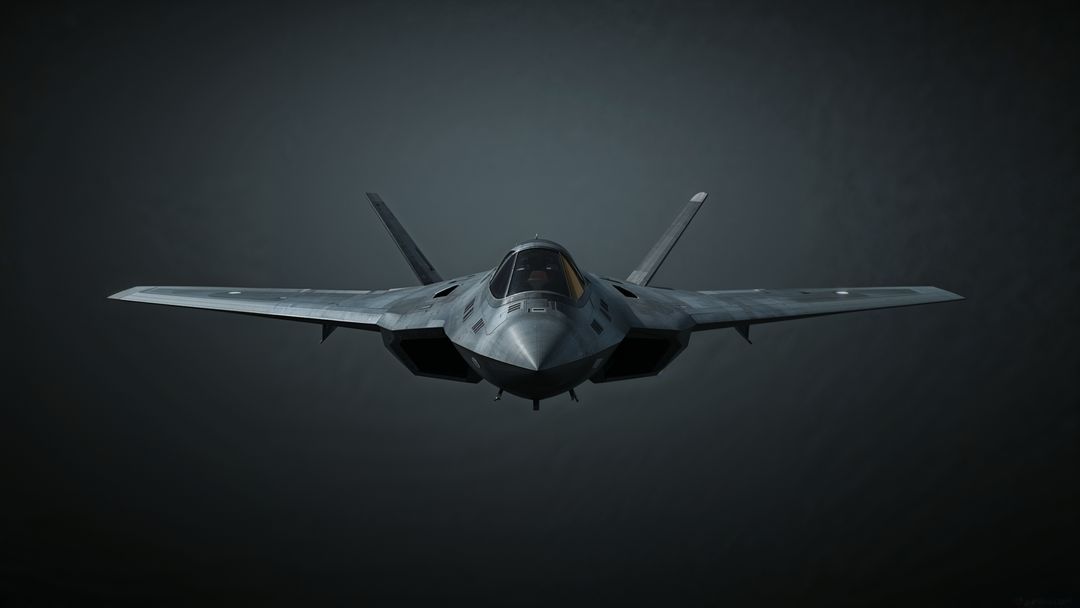 Futuristic Stealth Fighter Jet in Dark Studio Hovering Midair