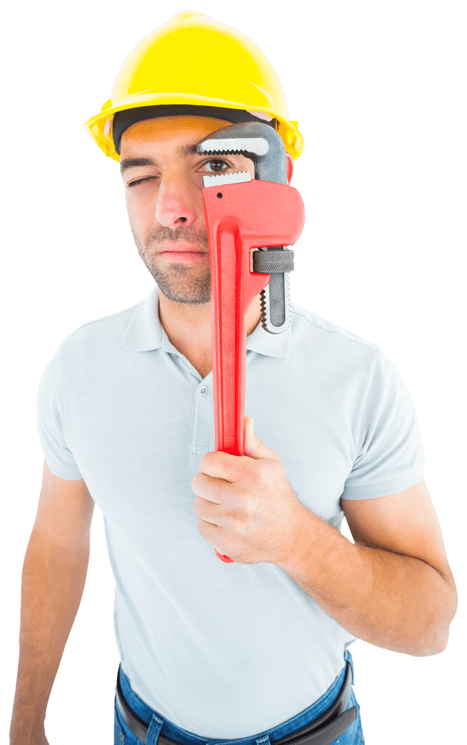 Builder Wearing Safety Helmet Holding Large Monkey Wrench Transparent