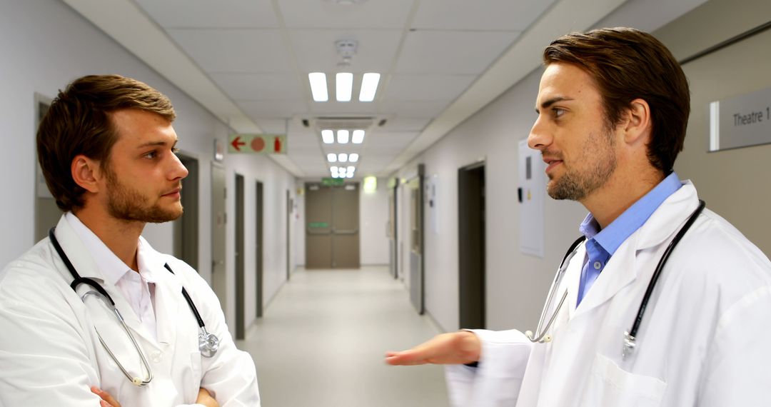 Two male doctors discussing in hospital corridor - Free Images, Stock Photos and Pictures on Pikwizard.com