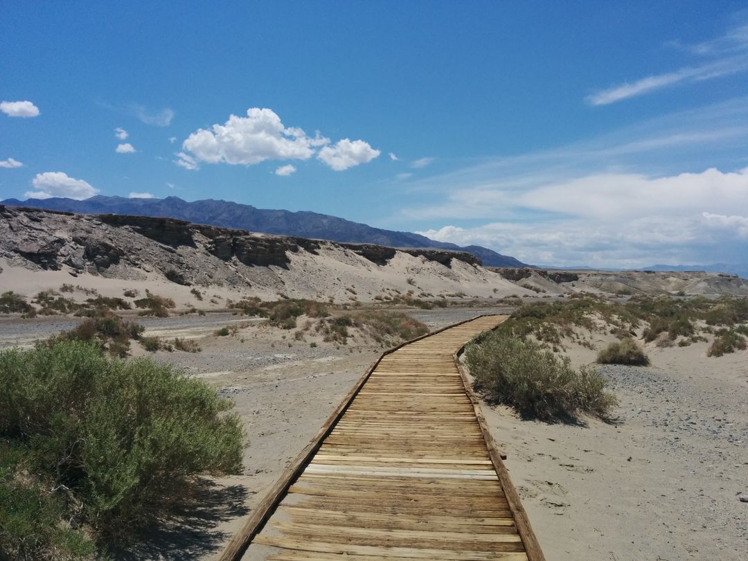 Wooden Pathway in Dry Desert Landscape under Clear Blue Sky - Free Images, Stock Photos and Pictures on Pikwizard.com