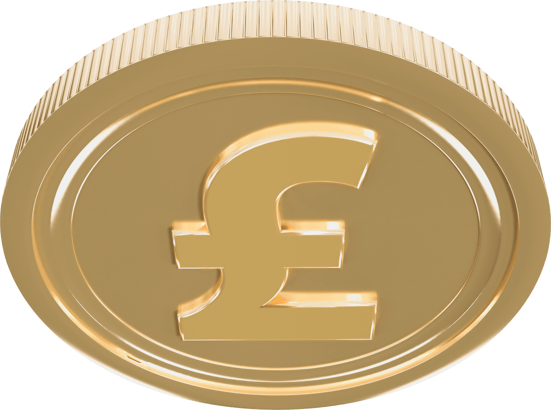 Transparent Golden Coin with Pound Symbol on White Background