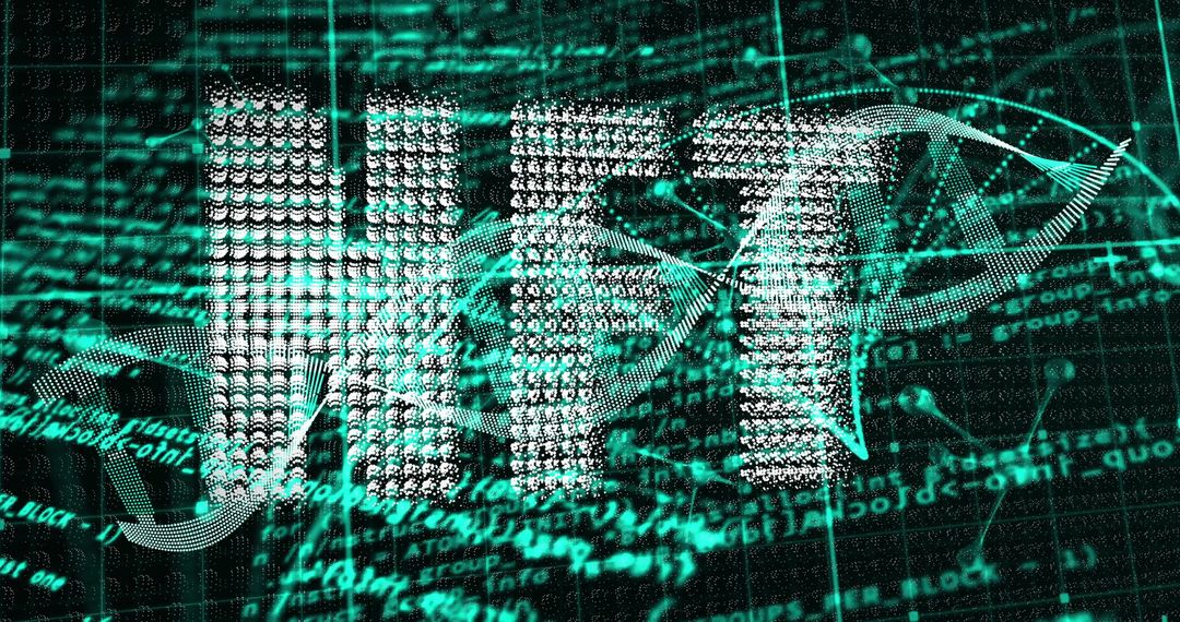 Futuristic DNA Helix and NFT in Digital Cyberspace