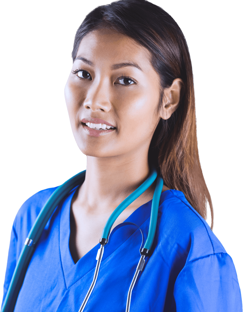 Smiling Asian Nurse in Scrubs with Stethoscope on Transparent Background