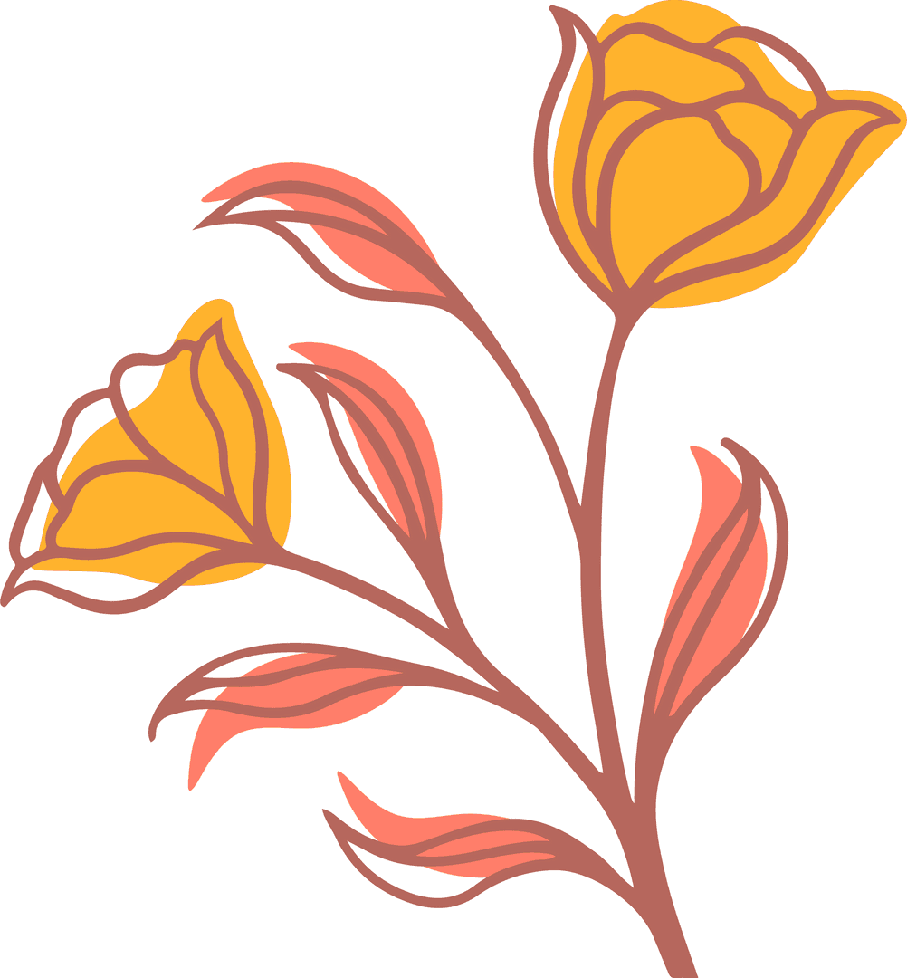Transparent Botanical Illustration of Yellow Tulips and Leaves
