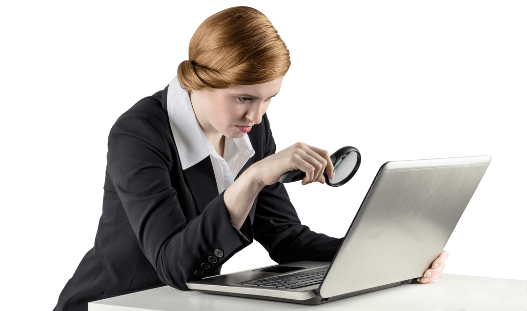 Redhead Businesswoman Analyzing Laptop with Magnifying Glass Transparent