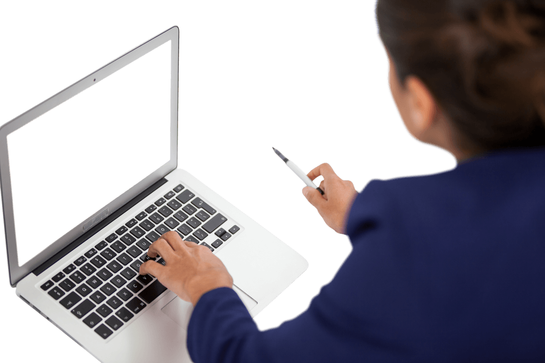Businesswoman Using Laptop in Office with Transparent Background