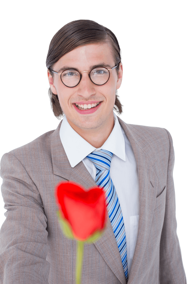Geeky Businessman Offering Red Rose with Transparent Background