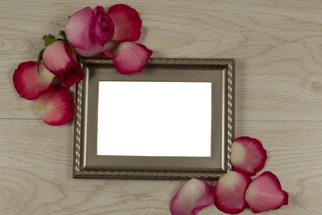 Transparent Photo Frame with Roses on Wooden Surface