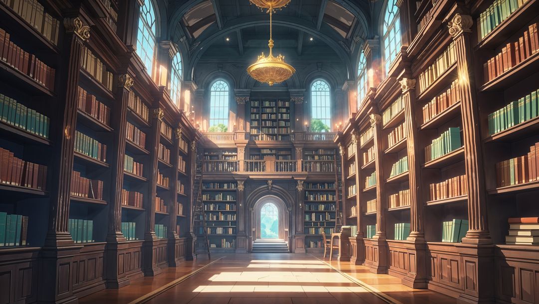 Grand vintage anime library with rolling ladder and arched doorway