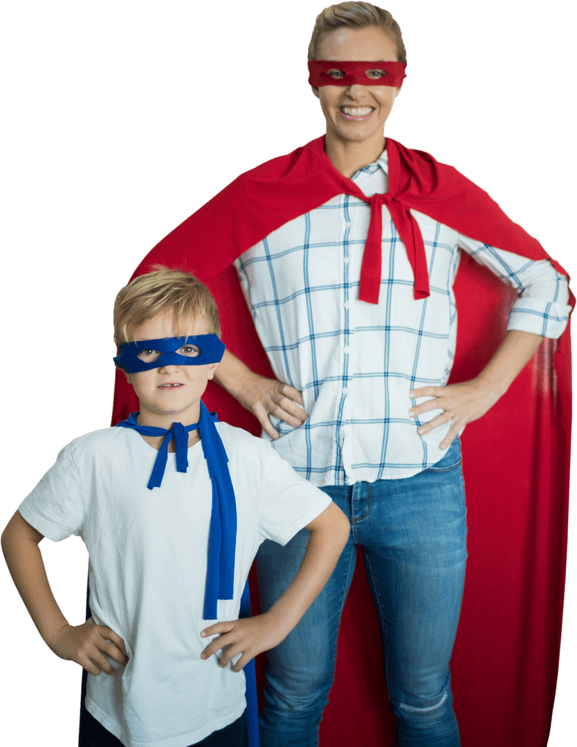 Mother and Son Pretending as Superheroes with Transparent Background