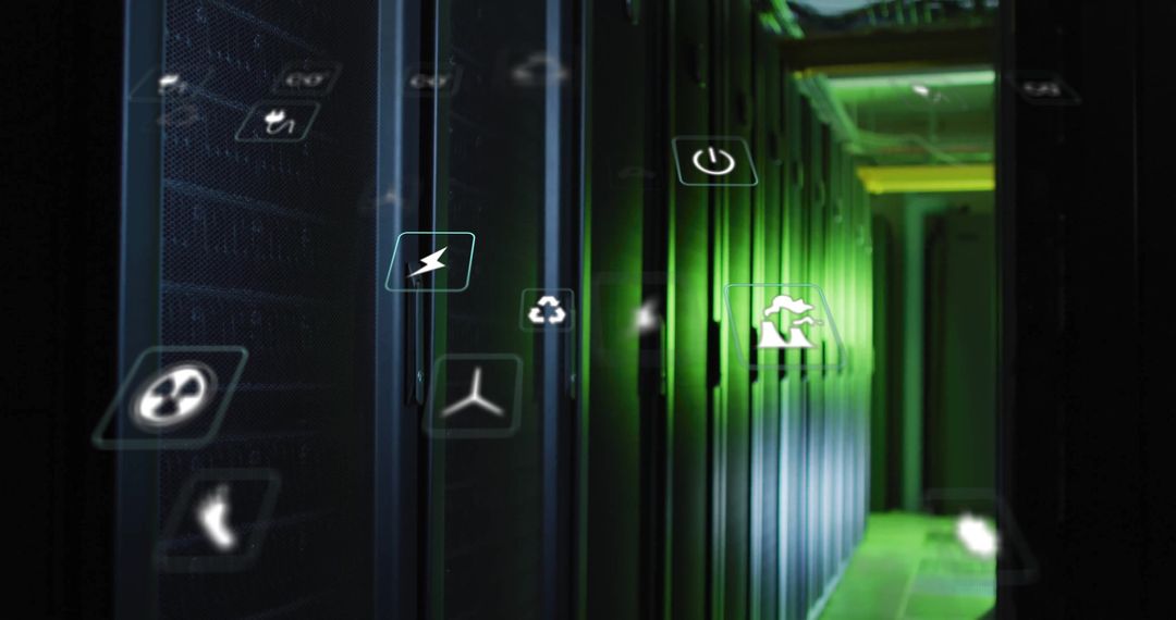 LED-lit Server Room with Futuristic Floating Icons and Raised Floor