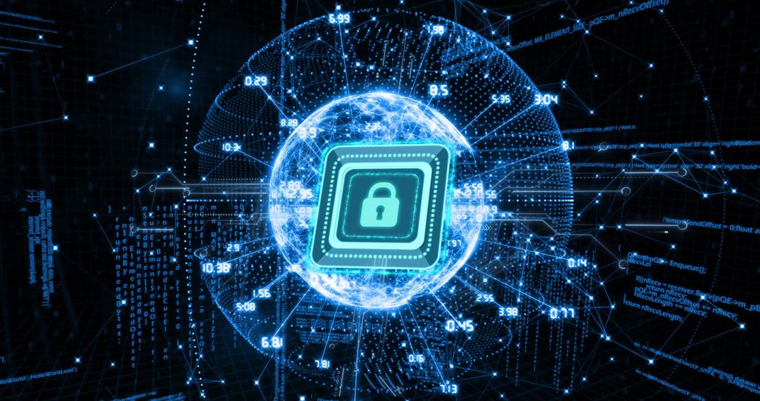 Cybersecurity Lock Central Focus with Digital Network Halo