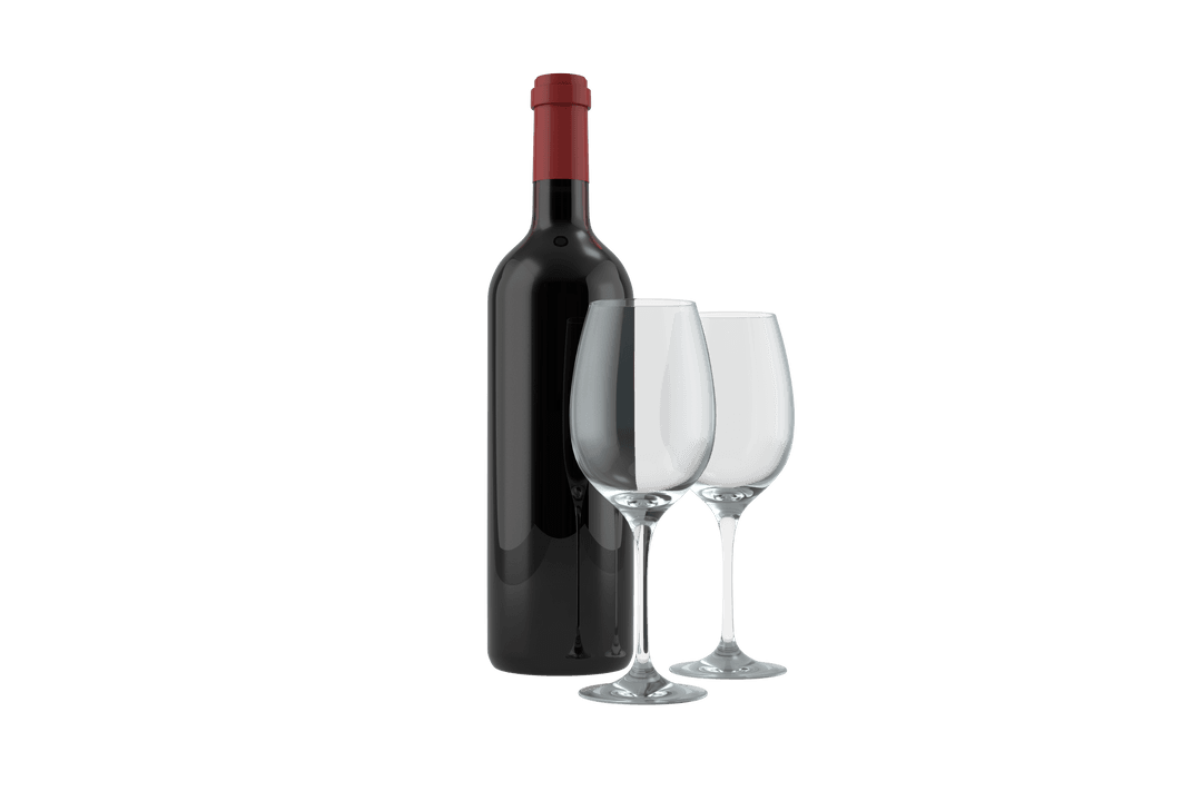 Red Wine Bottle and Clear Glasses on Transparent Background