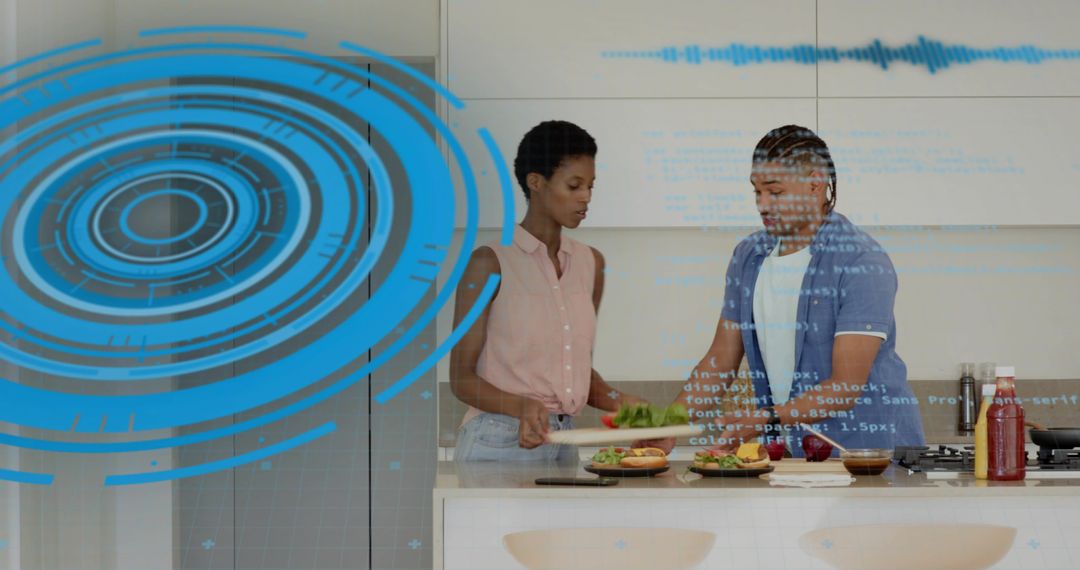 Couple Cooking Together in Modern Kitchen with Futuristic HUD Overlay and Data Graphics
