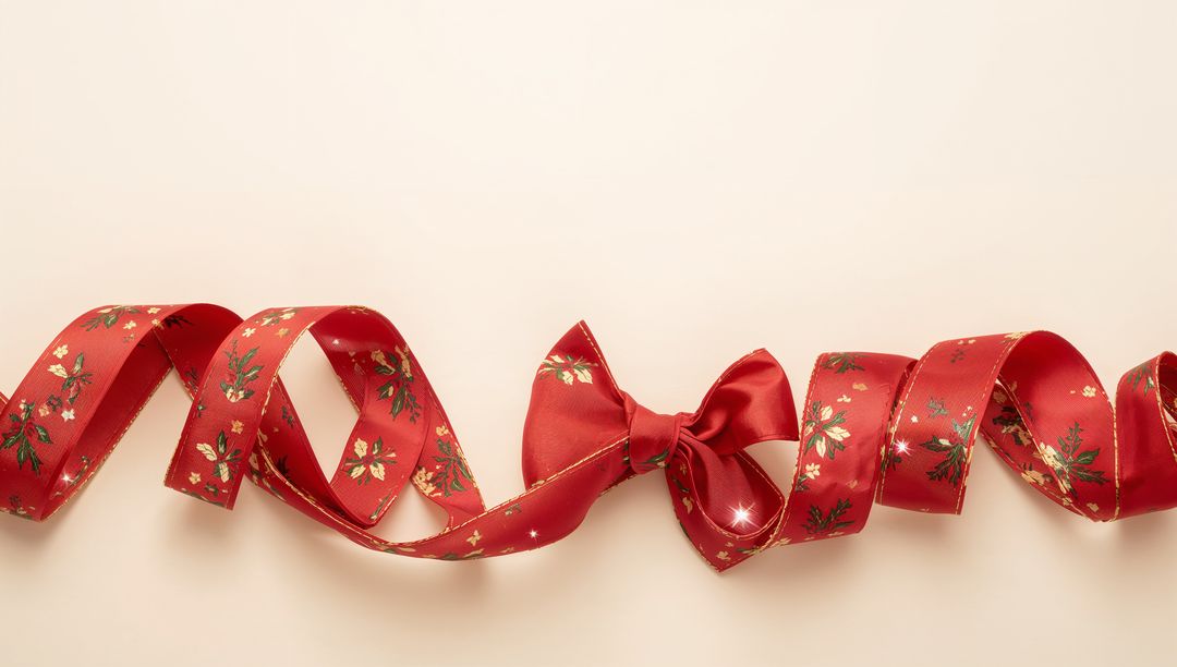 Curling Red Satin Ribbon with Gold Floral Print and Bow on Pale Beige Background