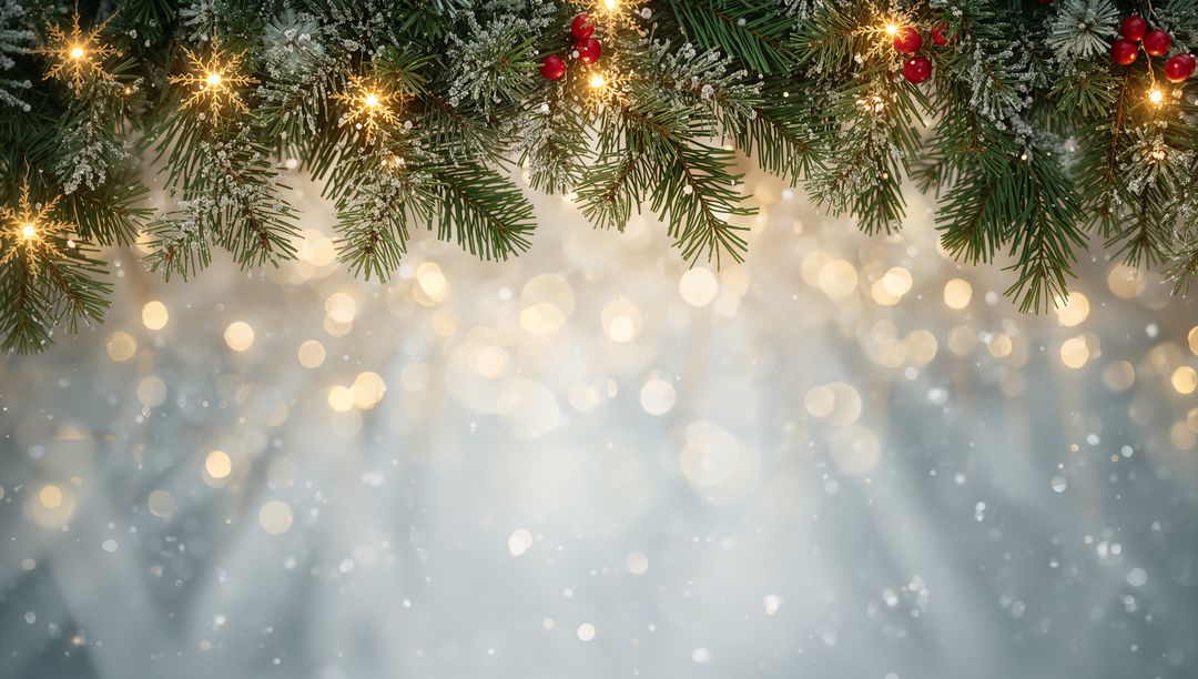 Frosted Evergreen Garland Draping Top Frame with Warm Golden Lights and Red Berries