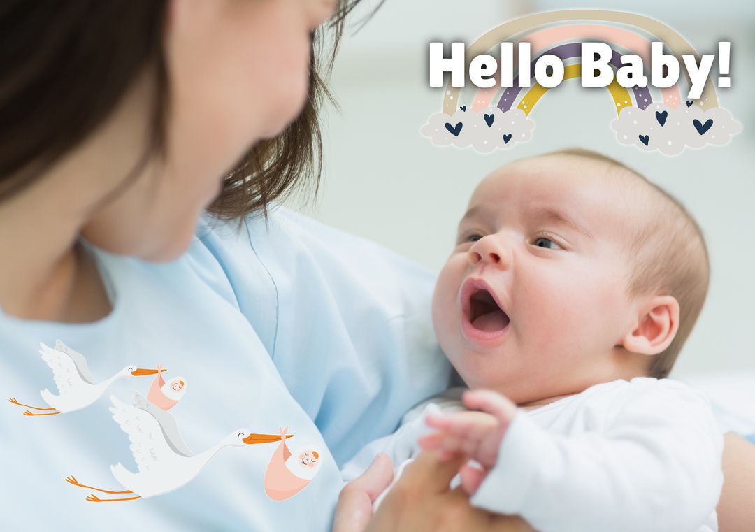 Caucasian Mother Gazing Lovingly at Newborn with Decorative Graphics