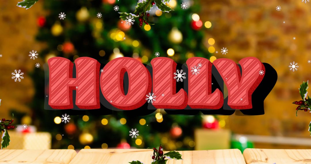 Festive Holly Text with Christmas Tree and Falling Snowflakes