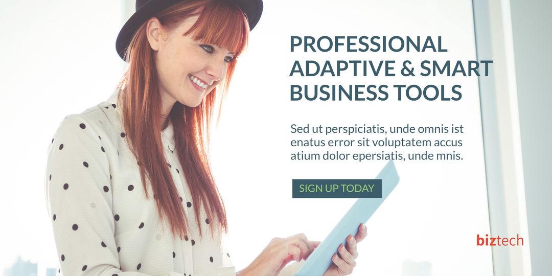 Smiling Woman Using Tablet for Business Solutions Ad