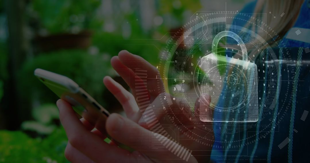 Digital Security Padlock Over Woman's Smartphone Use