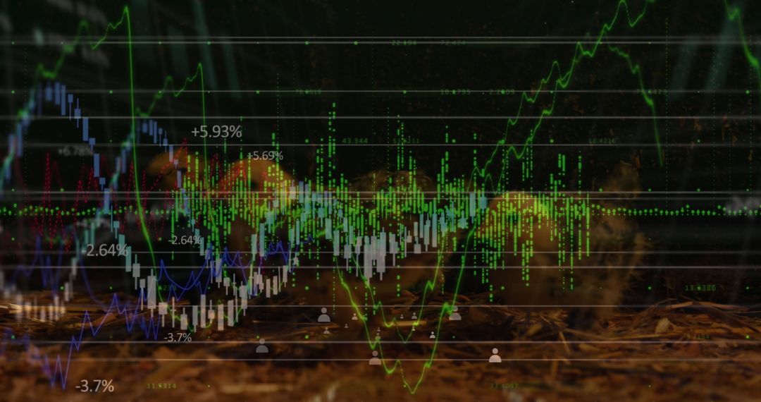 Dynamic Financial Graphs on Dark Background with Digital Metrics