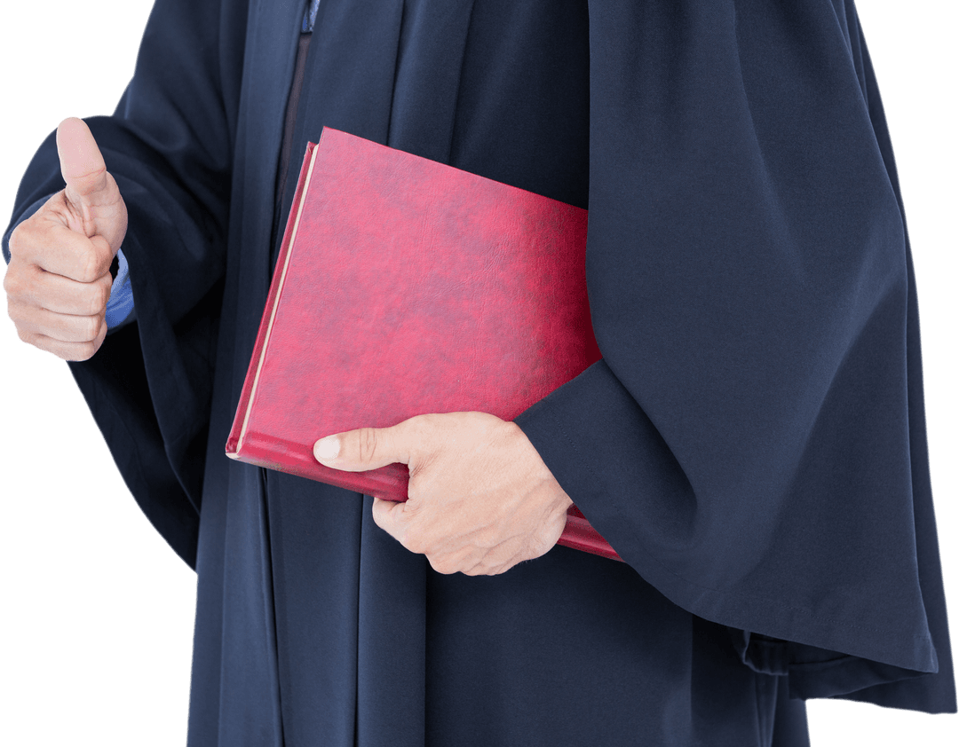 Transparent Professional Holding Red Book with Thumbs Up Gesture