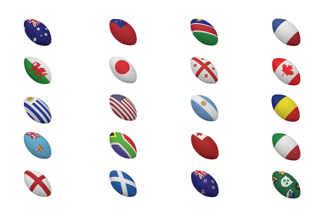 Rugby Balls With National Flags on Transparent Background