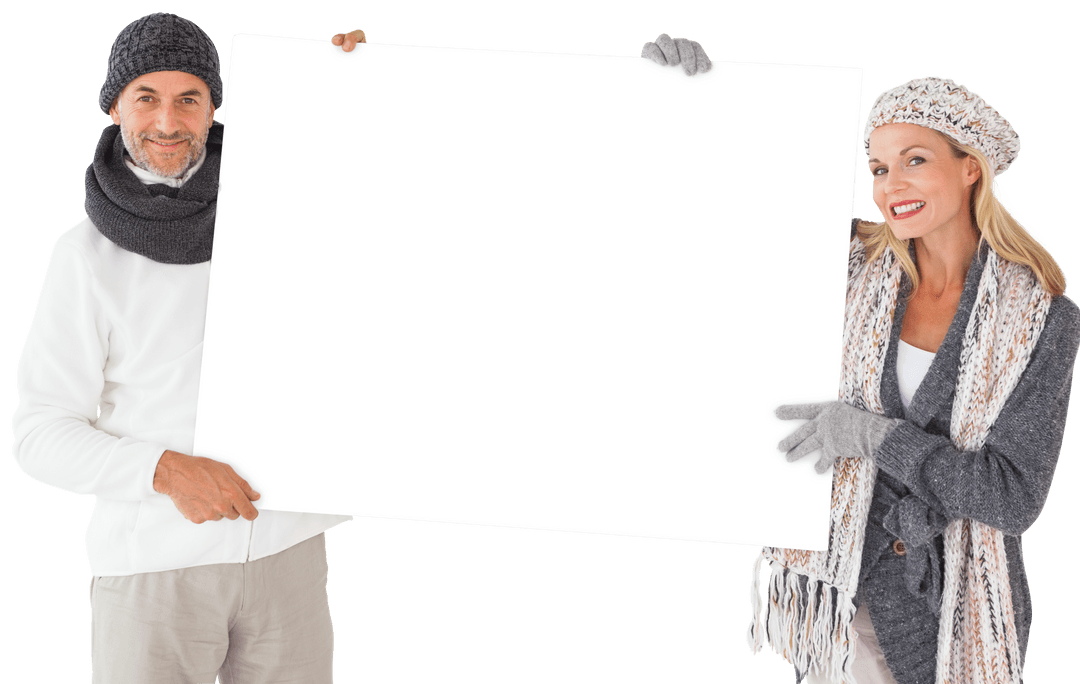 Smiling Mature Couple in Winter Clothing Holding Transparent Poster