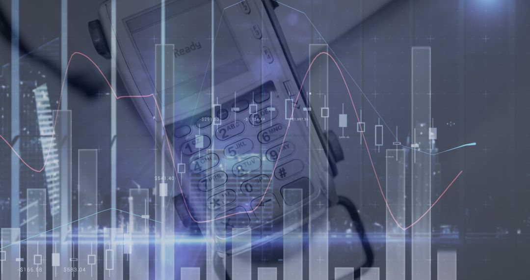 Digital Financial Data Overlay on Payment Terminal Technology Concept