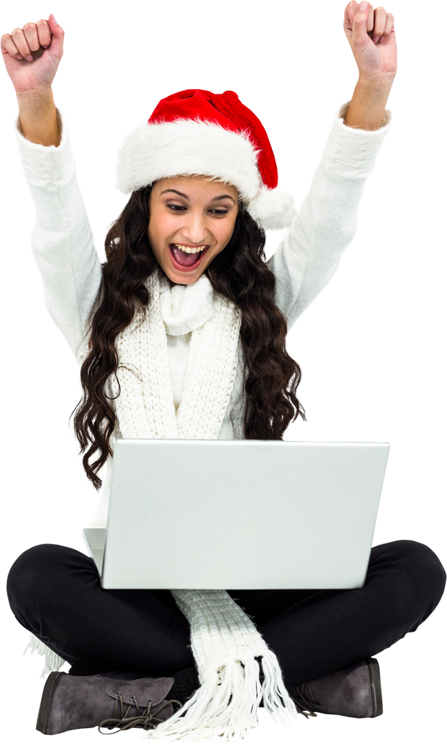 Transparent Joyful Woman in Santa Hat with Laptop Celebrating Success - Download Free Stock Images Pikwizard.com