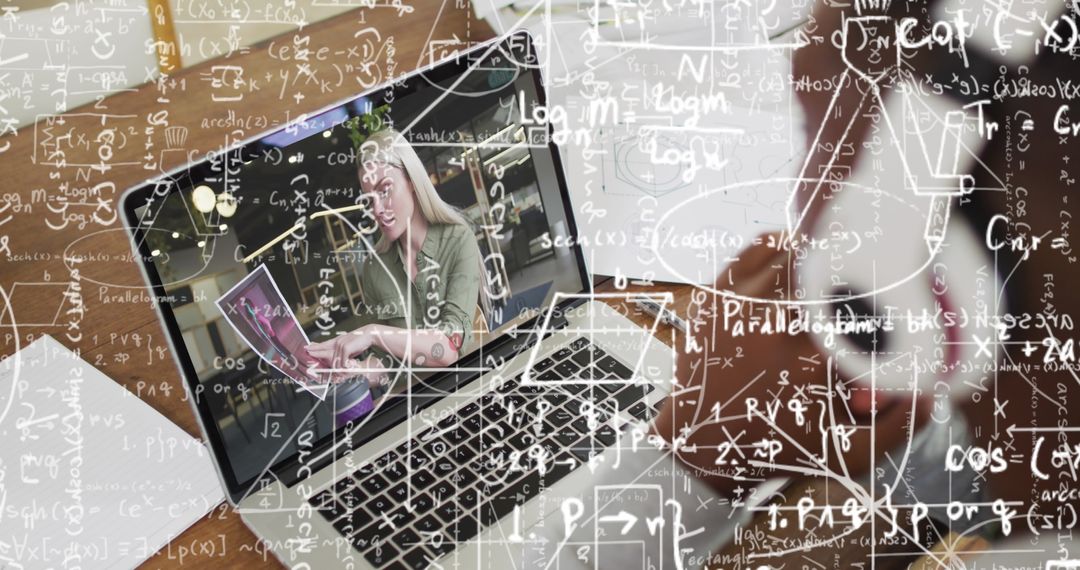 Student Video Calling on Laptop with Floating Mathematical Equations