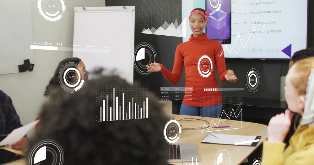 Woman presenting data-driven strategy with interactive analytics overlays in meeting room