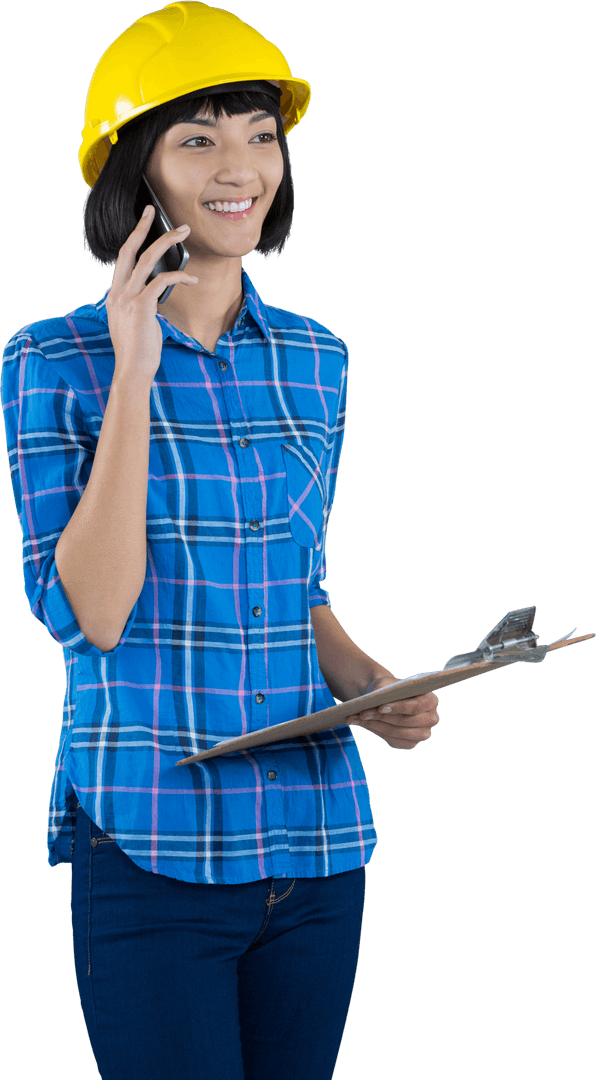 Transparent Architect Holding Clipboard on Mobile Phone Call