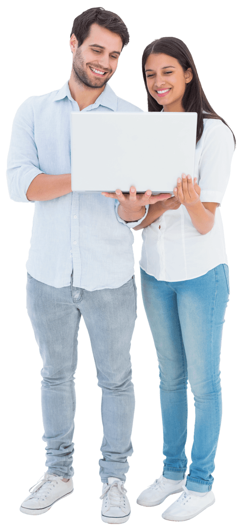 Attractive Young Couple Sharing Laptop with Transparent Background