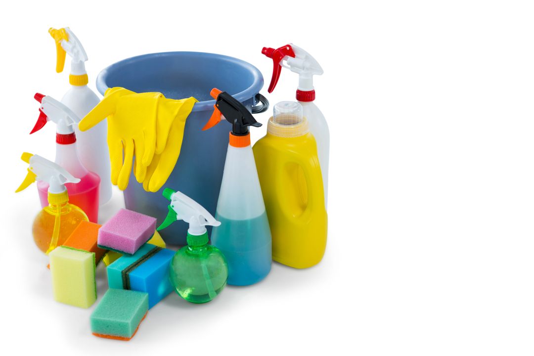 Assorted Cleaning Supplies on White Background - Free Images, Stock Photos and Pictures on Pikwizard.com
