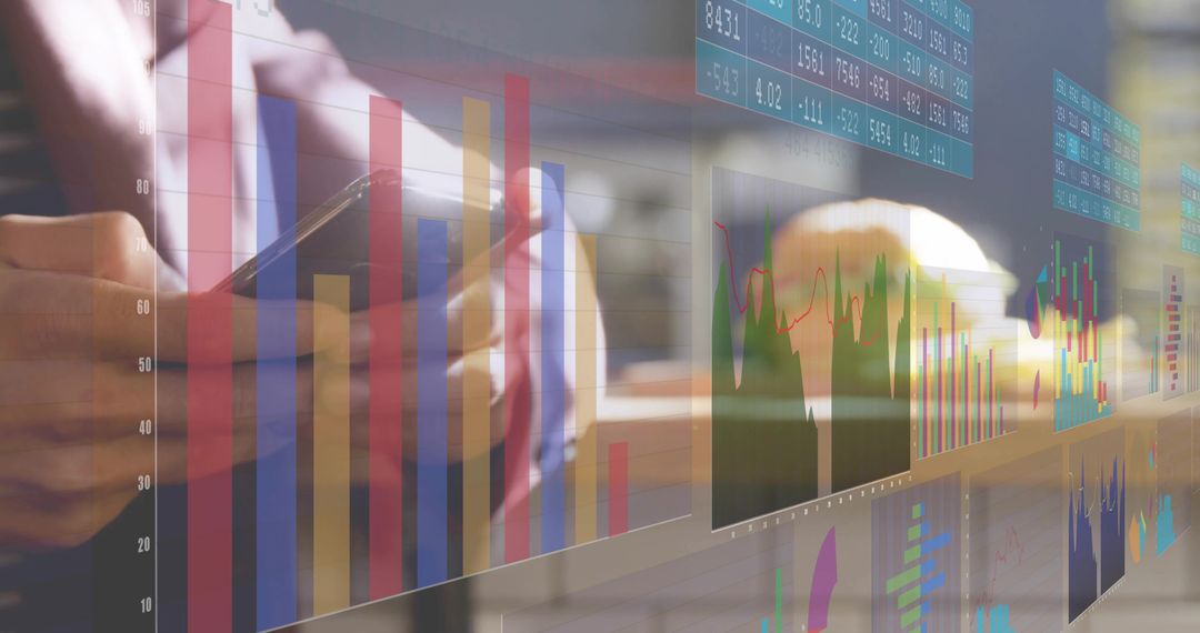 Hands Using Smartphone with Digital Data Visuals in Office