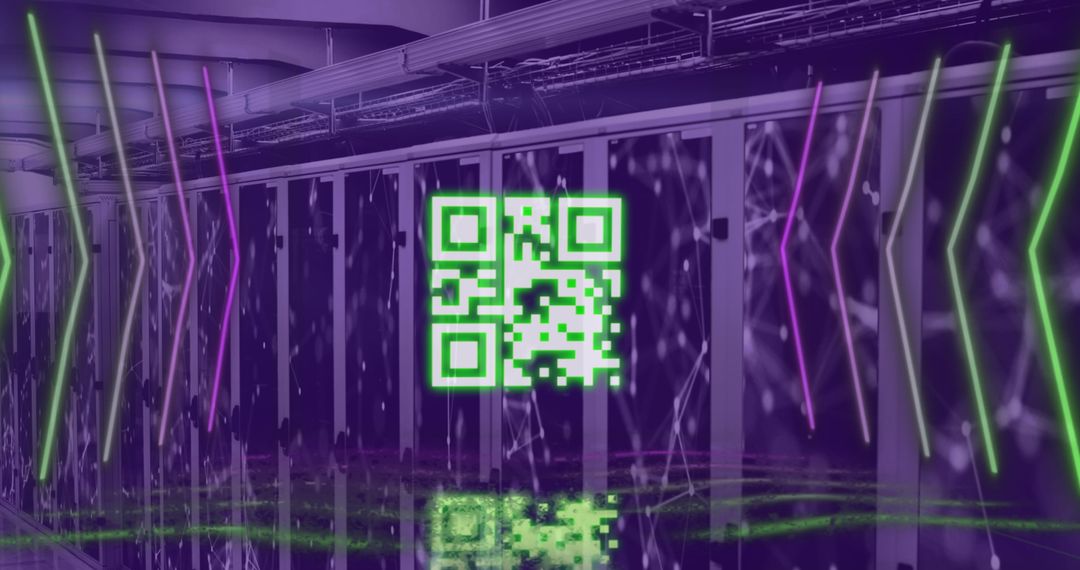 Digital QR Code Over Futuristic Server Room Background