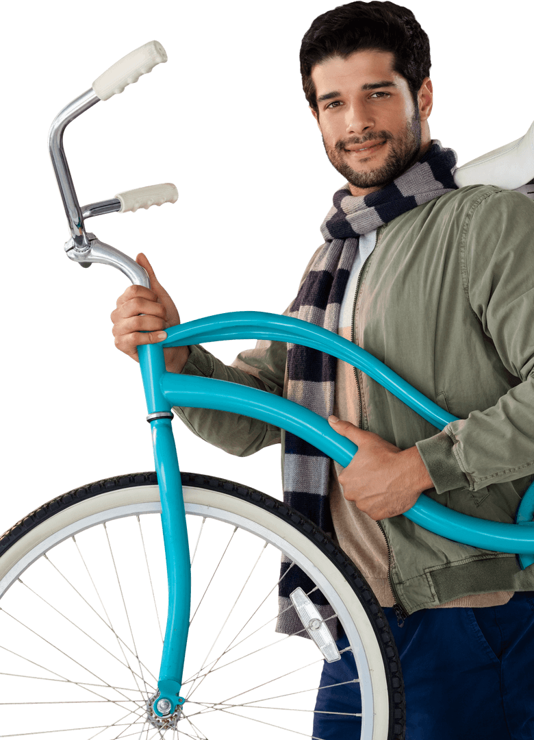 Young Man Carrying Blue Bicycle with Transparent Background