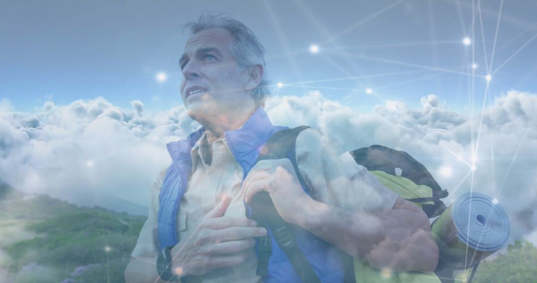 Elderly Explorer Above Cloudy Ridge Envisioning Tech Possibilities