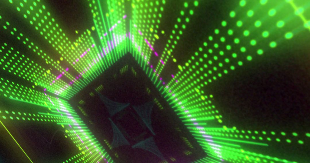 Vibrant 3D Light Display with Green and Pink Rays