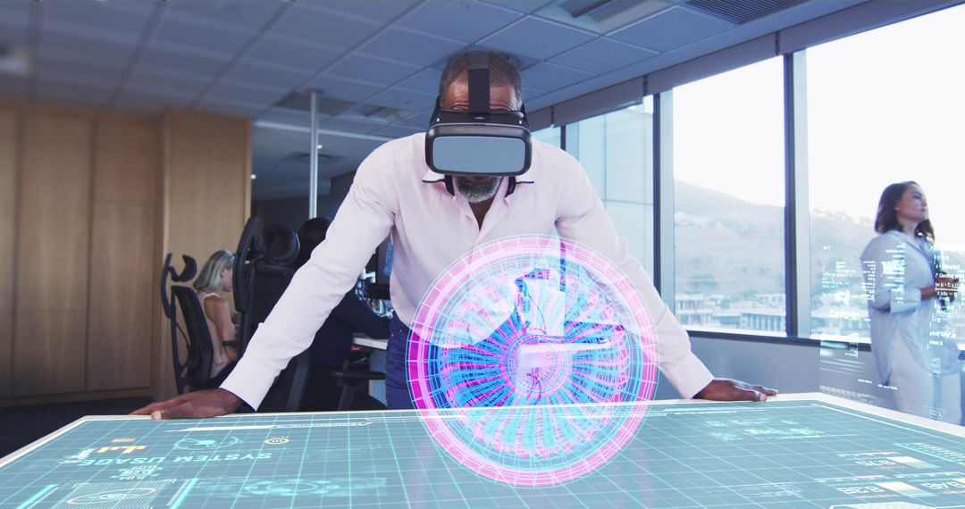 Businessman using VR headset with futuristic holographic display