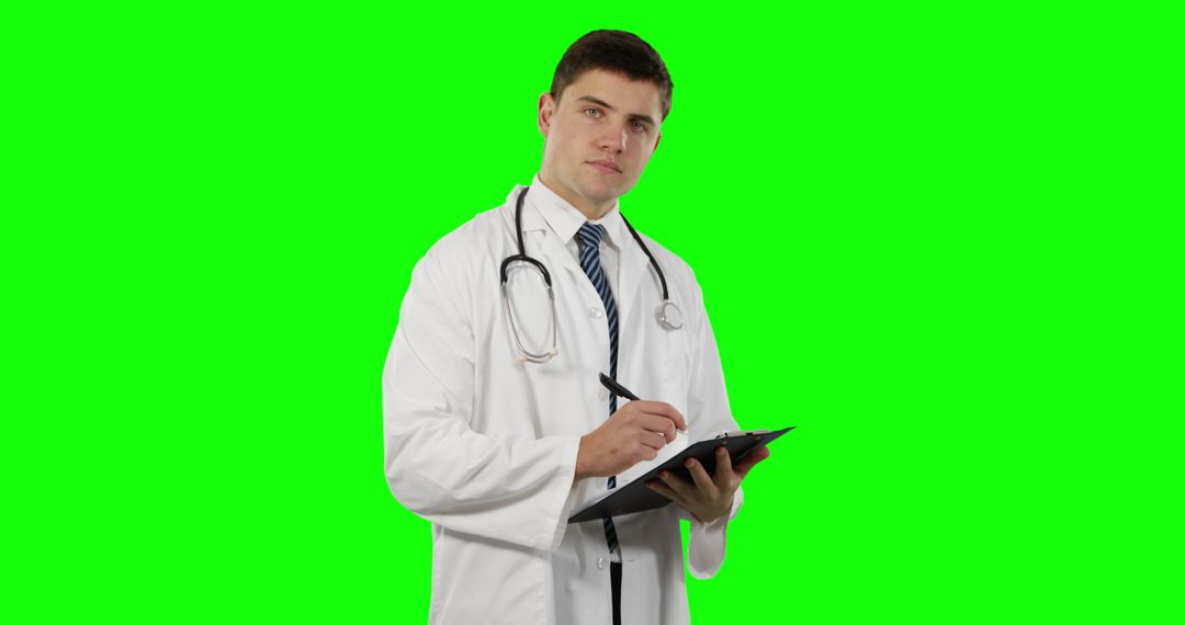 Confident Doctor Writing Notes on Clipboard, Green Screen Background - Free Images, Stock Photos and Pictures on Pikwizard.com